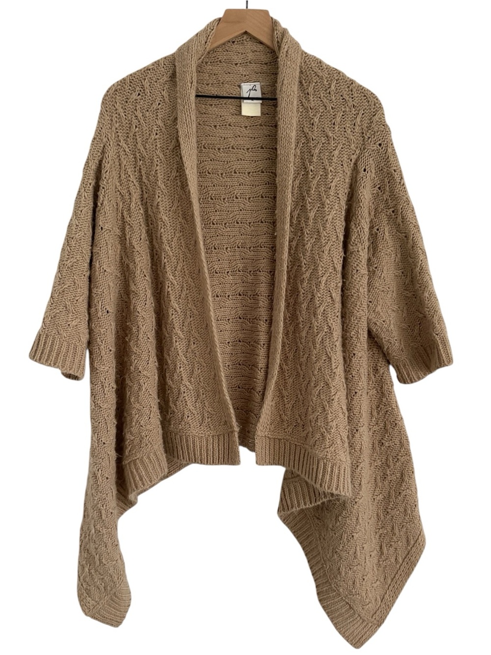 Cozy Cable-Knit Open Front Poncho Cardigan Sweater - Tan